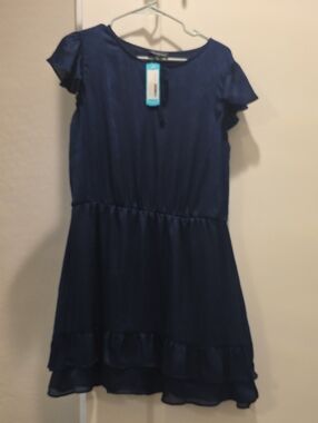 Girls' Satin Navy Blue Tiered Flutter-Sleeve Dress